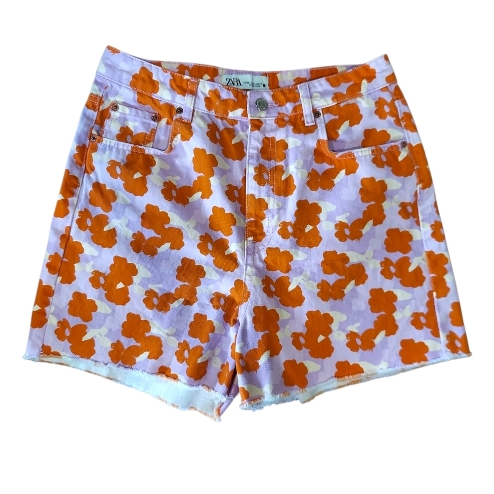 Zara The 90's Short Floral Poppy High Rise Shorts Raw Hem